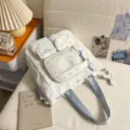 Korean style star print canvas backpack set, white school bag with multi pockets for students. - Tote Bag Blue (Without Pendant Stars)