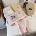 Pink canvas school backpack set with multiple cute pockets and badges for daily casual use. - Tutoring Bag No Pendant / Pink