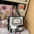 Canvas colorblock backpack with star pattern, transparent front pocket and cute lace trim. - Tote Bag With Pendant / Black