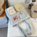 Dopamine color block student backpack set in light blue with cute bear badge and multi pockets. - Tutoring Bag No Pendant / Blue
