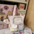 Pink canvas tote bag with star pattern, lace trim and clear front pocket for daily school use. - Tote Bag With Pendant / Pink