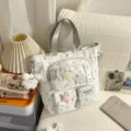 Korean ins star print canvas tote backpack with multi pockets plush stars and cute bear pendant variant - Tutoring Bag Gray + Pendant + Star