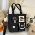 Black canvas tote bag with multi pockets, casual shoulder bag for women, stylish daily handbag - Tutoring Bag With Pendant / Black