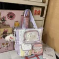Student cute tote bag with star pattern, transparent front pocket, and lavender handles for daily use. - Tote Bag With Pendant / Purple