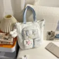 Korean ins style star print canvas tote bag with cute plush charms and multiple pockets. - Tutoring Bag Blue + Pendant + Star