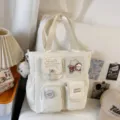 Canvas tote bag for women ins style multi-pocket shoulder bag casual daily handbag - Tutoring Bag With Pendant / White