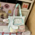 Pastel Canvas Tote Bag Itabag Cute Star Clear Pocket Shoulder Bag with Plush Puppy Pendant - Tote Bag With Pendant / Green