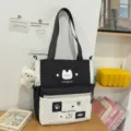 Shopper in tela a pois nera e bianca per studenti, elegante borsa a tracolla con gatto carino. - Borsa di Tutorato Con Ciondolo / Nero