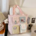 Pink canvas tote bag with multiple pockets and cute bear charm for daily casual use - Tutoring Bag With Pendant / Pink