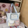 Canvas tote bag with transparent pocket, star pattern and cute dog pendant for students. - Tote Bag With Pendant / Blue