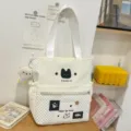 Borsa a tracolla in tela a pois con ricamo di gatto e ciondolo in peluche per ragazze. - Borsa di Tutorato Con Ciondolo / Bianco