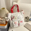 White canvas tote bag with red straps and star prints, sweet style variant with plush star. - Tutoring Bag Red + Pendant + Star