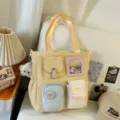 Canvas tote bag colorblock casual shoulder handbag multi pocket aesthetic school daily purse - Tutoring Bag With Pendant / Yellow