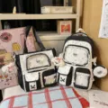 Color-blocking two-piece school backpack and tote set with cute star print and lace trim. - Two-Piece Set With Pendant / Black