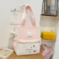 Zaino borsa in tela a pois rosa dolce per studenti con simpatico ricamo di gatto e ciondolo orsetto. - Borsa di Tutorato Con Ciondolo / Rosa