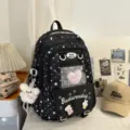 Japanese style black star ita backpack sweet cute school bag with mesh pocket and plush charms - With Pendant And Heart Badge / Black