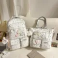 Korean style sweet star print school bag and tote bag two piece set with plush charms. - Two-Piece Set Gray With Pendant Stars