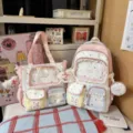 Cute dopamine style pink star pattern school backpack and tote bag two piece set with clear pockets. - Two-Piece Set With Pendant / Pink