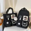 Black student schoolbag two-piece set, canvas tote and backpack with cute bear patches and embroidery. - Two-Piece Set / Black