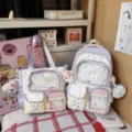 Cute colorblock student backpack and tote bag set with clear front pocket and star print. - Two-Piece Set With Pendant / Purple
