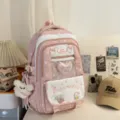 Pink ita backpack sweet Japanese school bag cute stars mesh pocket student shoulder bag - With Pendant And Heart Badge / Pink