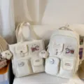 White canvas backpack tote bag set multi-pocket school bag cute student set casual style - Two-Piece Set / White