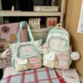 Cute color-block student backpack and tote bag set with star pattern and cute plush charm. - Two-Piece Set With Pendant / Green