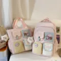 Pink color block school backpack and tote bag set for students with cute badges and star pendants. - Two-Piece Set / Pink