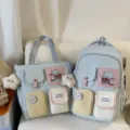 Cute dopamine color block school bag two-piece set, canvas backpack and tote bag for students. - Two-Piece Set / Blue