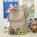 Korean style canvas backpack large capacity school bag beige student daypack with cute patches - With Pendant / Khaki