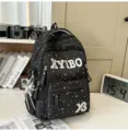 Black star pattern school backpack for students, large capacity casual daypack with stylish lettering. - Black + Pendant