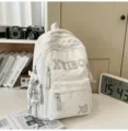 White star print school backpack for students, large capacity casual daypack daily use - White + Pendant