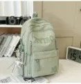 Light green star print backpack with multiple pockets, stylish school bag for students. - Green With Pendant