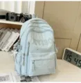 Light blue star print backpack large capacity student school bag casual daypack for teens - Blue + Pendant
