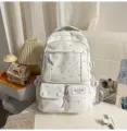 White canvas student backpack with purple stars pattern, sweet style casual school bag - No Pendant / Purple