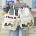 Korean minimalist white backpack and tote bag set, large capacity stylish student school bag. - 2-Piece Set - With Pendant / White