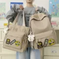 Beige large capacity backpack and tote bag set with letters embroidery and cute plush pendant. - 2-Piece Set - With Pendant / Khaki