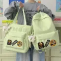 Light green canvas backpack and tote bag set with cute bear pendant and large capacity. - 2-Piece Set - With Pendant / Green