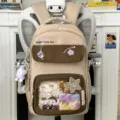 Mochila estilo ins japonés bonita con ventana transparente y pines adorables para estudiantes. - Con Colgante / Caqui