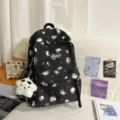 Cute black white polka dot backpack, casual Korean style school bookbag with plush pendant. - With Pendant / L / Black