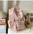 Korean style pink star moon pattern backpack with cute plush pendant for daily school use. - Pink With Pendant