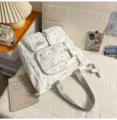 Japanese ins style white star print multi-pocket canvas tote shoulder bag for daily use - Tote Bag Only (Without Pendant) / Gray