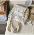Japanese style canvas backpack with star moon print, casual dual-use school bag for students. - White Tuition Bag (No Charm)