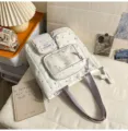 White canvas tote shoulder bag with cute star patterns, multiple pockets and purple straps. - Tote Bag Only (Without Pendant) / Purple