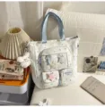 Japanese Ins Star Print Canvas Tote Bag Transparent Ita Bag Casual Student Shoulder Bag - Tutoring Bag (With Pendant and 3 Stars) / Blue