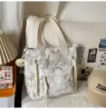 Japanese ins style canvas tote bag, grey star print shoulder bag with tassel and pockets. - White Tutoring Bag + Pendant