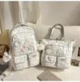 Japanese style white star print backpack and tote bag set with multi pockets and plush charm. - Two-Piece Set (With Pendant and Star) / Gray