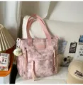 Korean style pink star moon canvas tote bag, large capacity casual shoulder bag for students. - Pink Tutoring Bag + Pendant