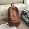Zaino in camoscio marrone da donna, borsa scolastica vintage casual con grande capacità. - con portachiavi / Marrone