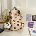 Cute leopard print canvas backpack with plush pendant, stylish casual school bag for daily use - With Pendant / S / Khaki